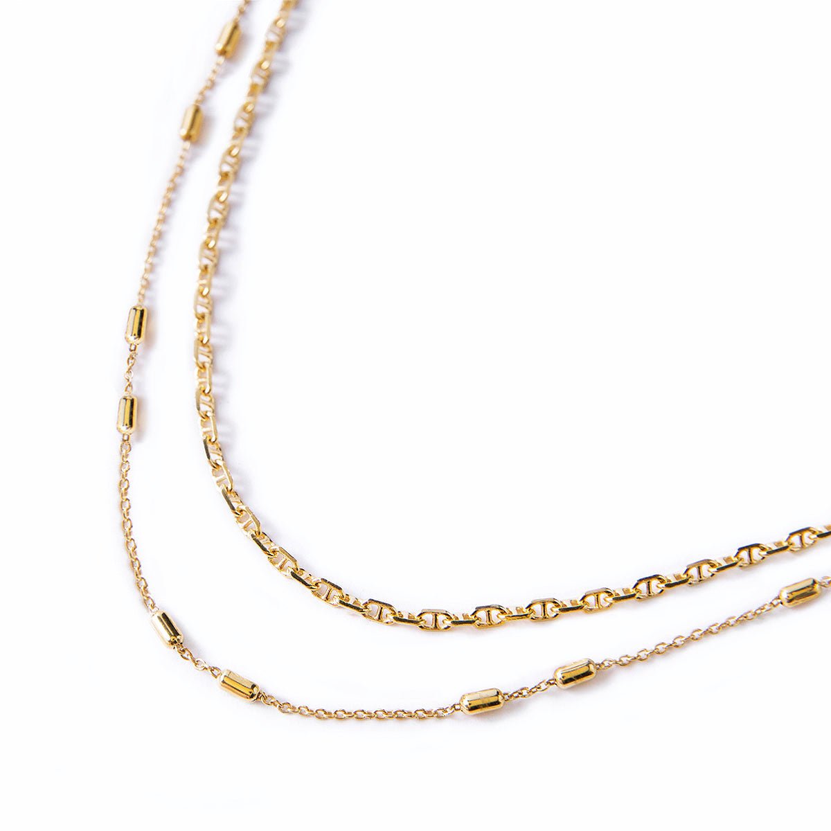 Gold vermeil two-strand choker with patterned and beaded station chains, laid on a white background