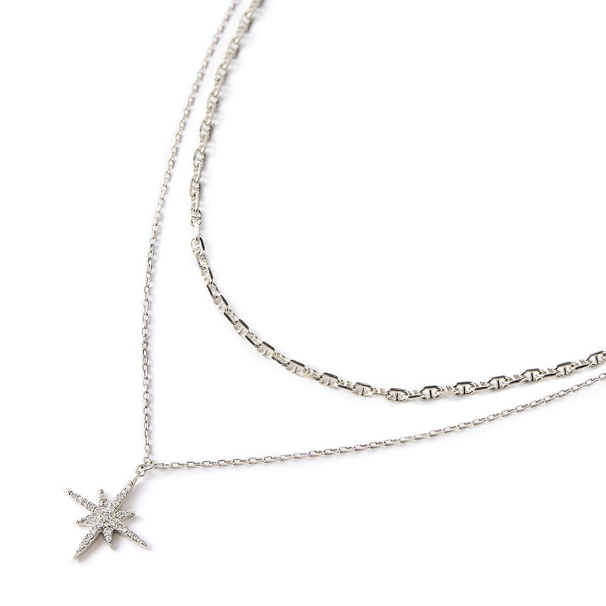 Sterling silver two-chain layered necklace with a clear crystal starburst pendant, on a white background