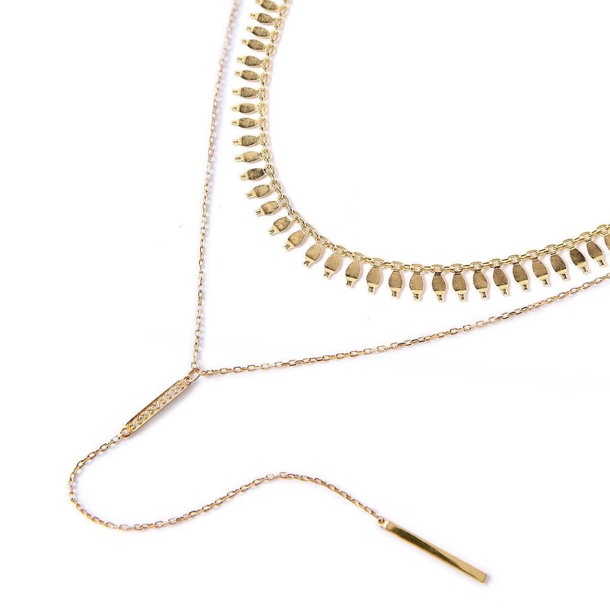 Gold vermeil fringe choker layered with a pave clear-stone lariat bar, on a white background