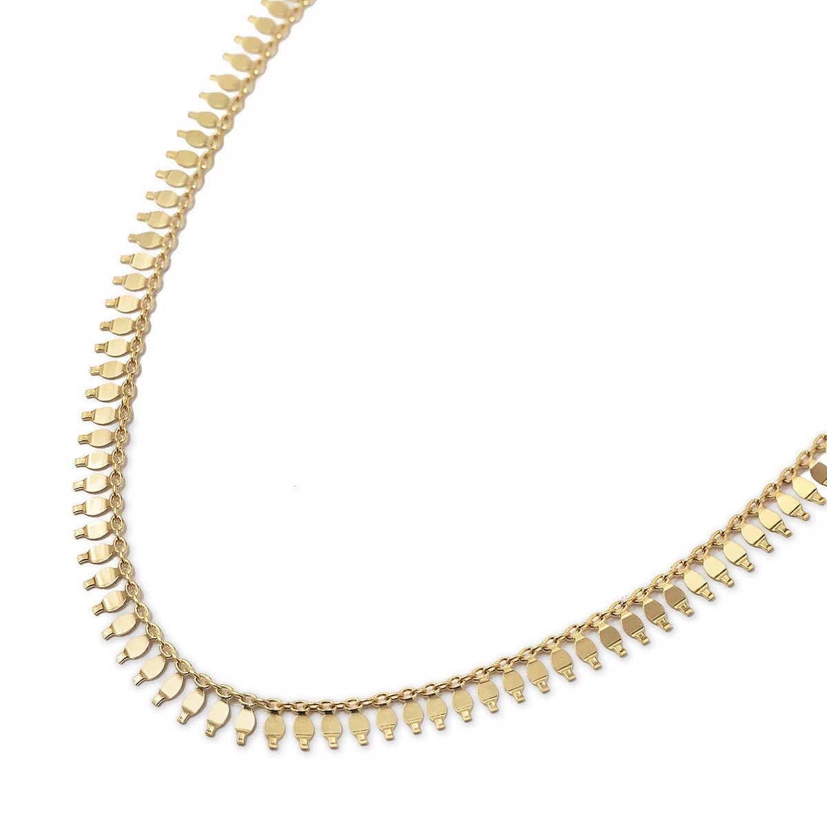 Gold vermeil fringe chain necklace with small dangling teardrop links, on a white background