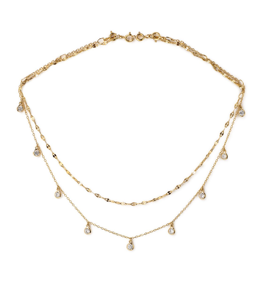 Gold vermeil layered necklace duo with clear stone charms, laid flat on a white background