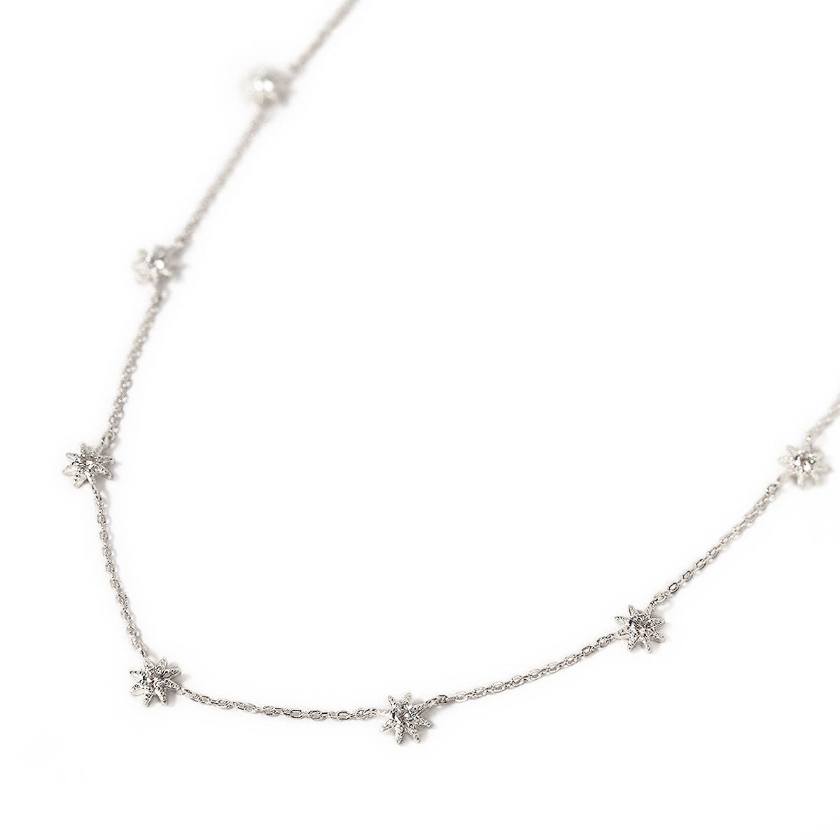 Sterling silver starburst station necklace with white zirconia star charms, on a white background