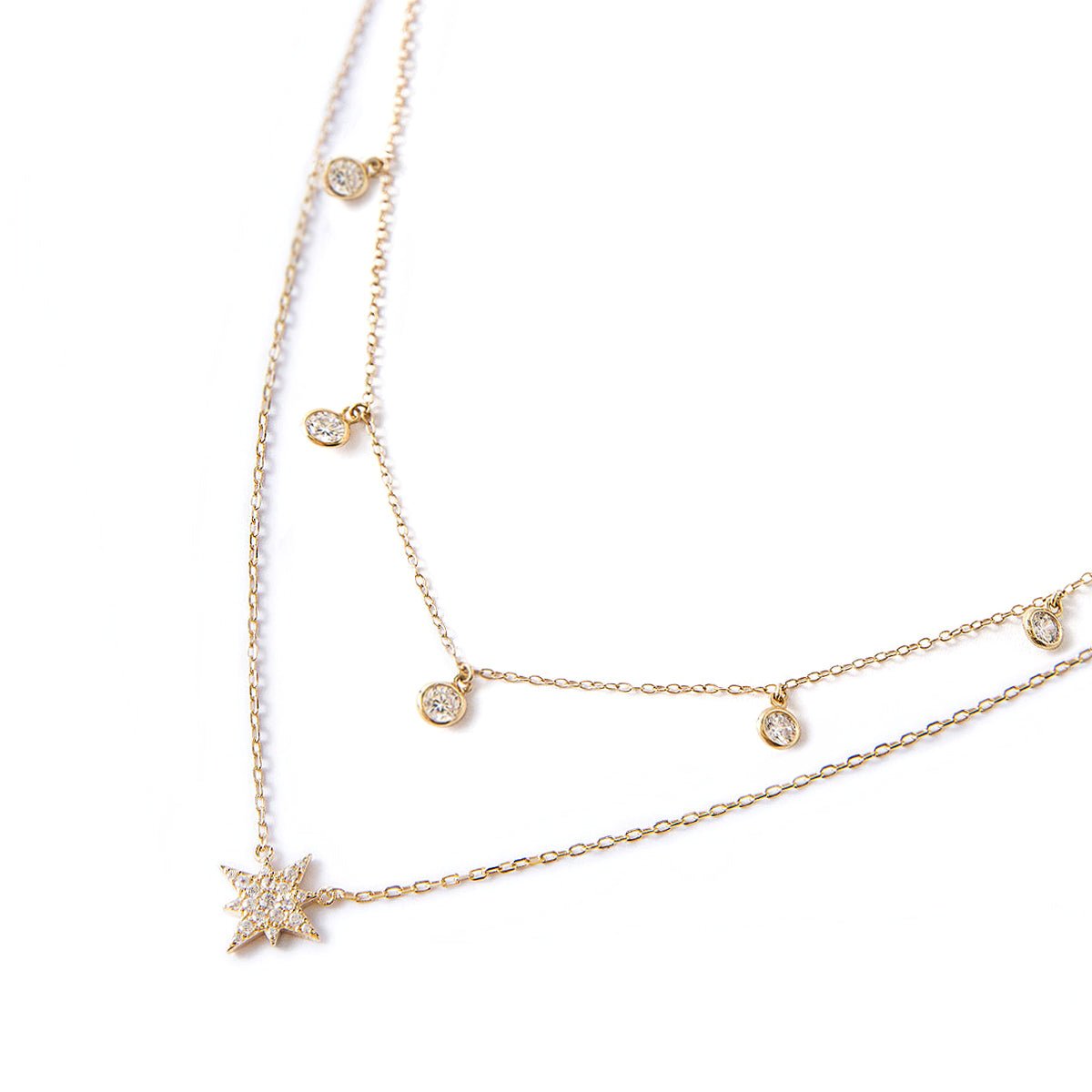 Gold vermeil layered choker duo with a pavé starburst pendant and bezel-set clear drops, on a white background