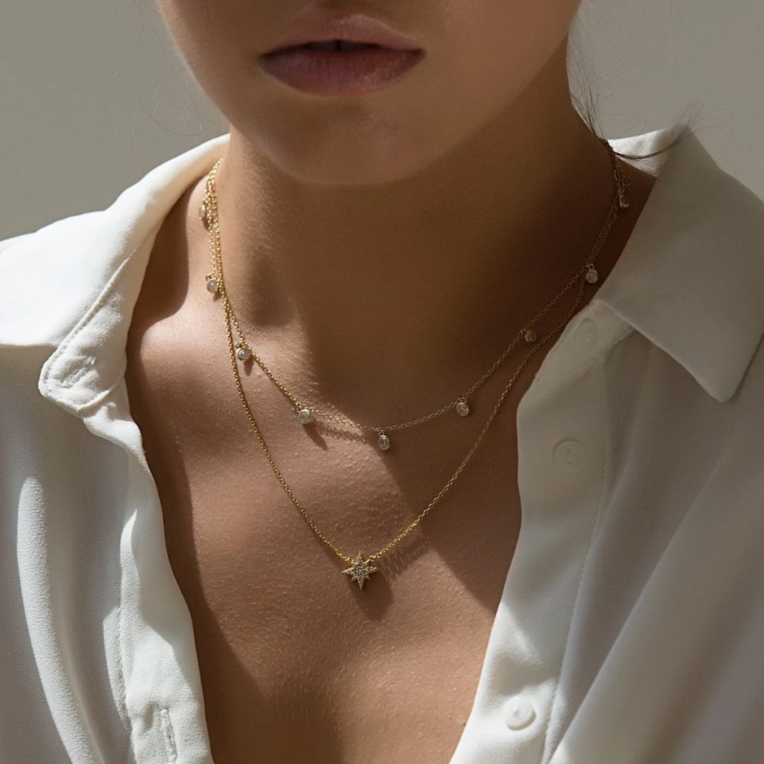 Gold vermeil layered choker duo with clear stone drops and a starburst pendant, shown on a model's neckline