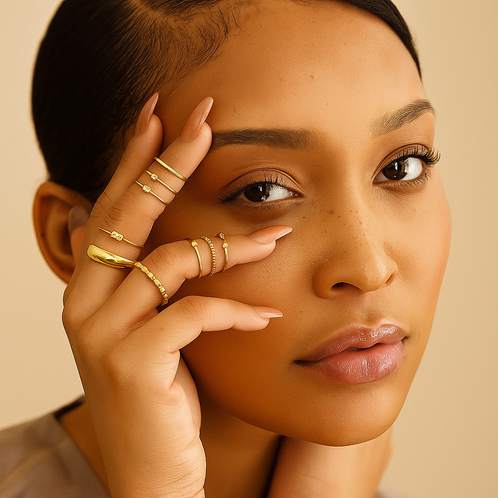 Model framing her face with her hand, wearing gold stacking rings