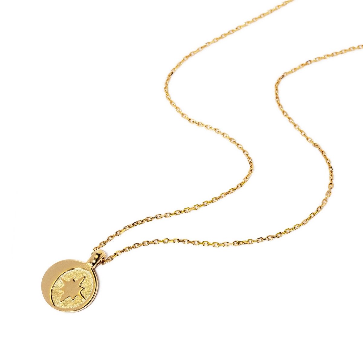 Gold vermeil crescent moon and star coin pendant on a chain, on a white background