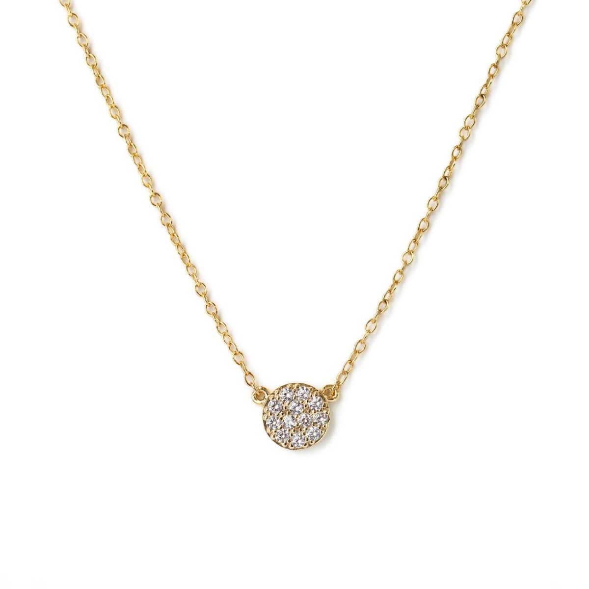 Gold vermeil pavé disc necklace with white zirconia on a thin chain, on a white background