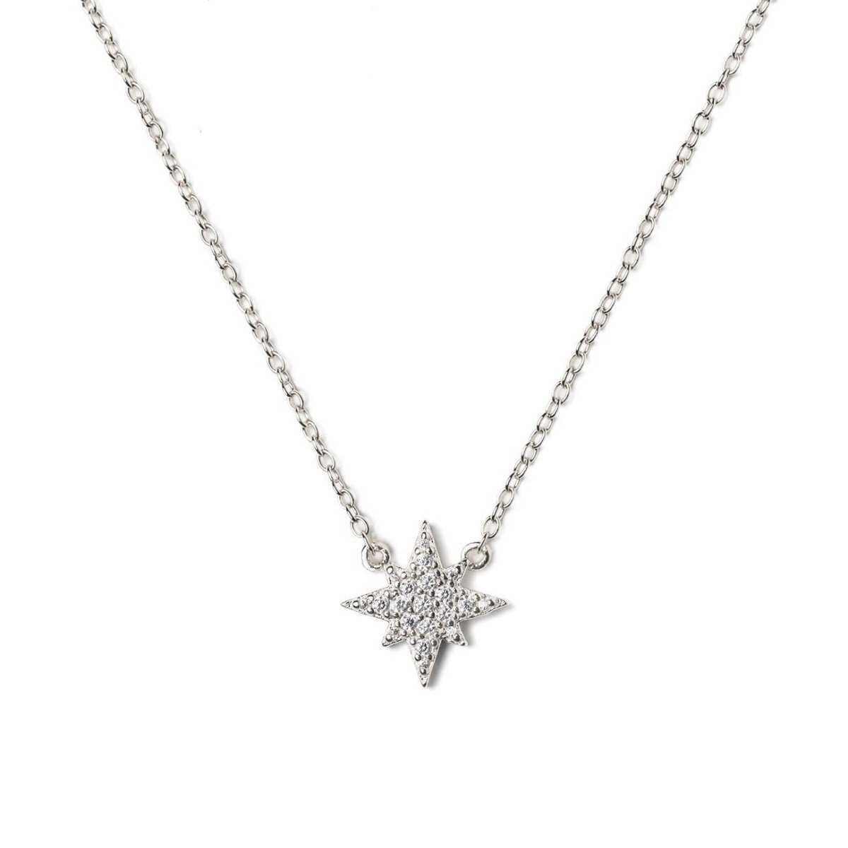 Sterling silver starburst pendant necklace with white zirconia pave, on a white background