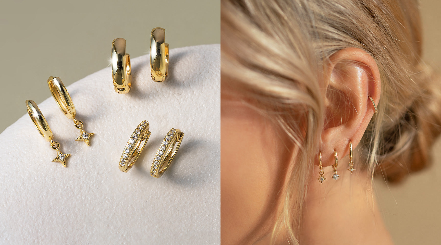 AMYO 14k gold earrings featuring classic huggies, pavé cartilage hoop and earring charms alongside a curated ear stack.