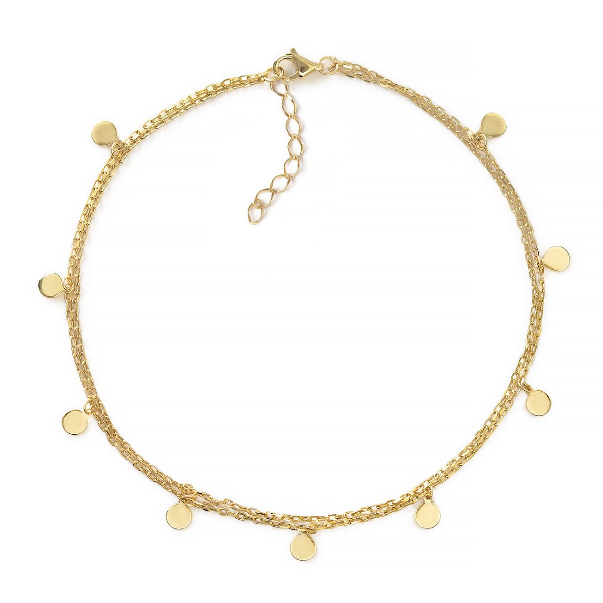 Gold vermeil double-chain anklet with dangling round disc charms, on a white background