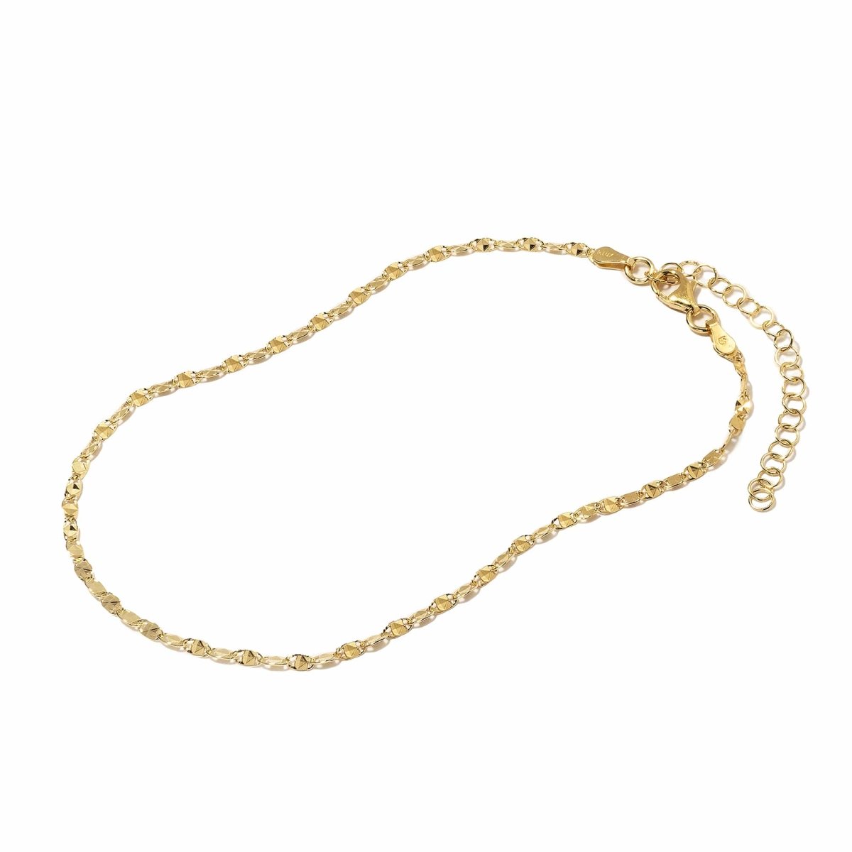 Gold vermeil diamond-cut chain anklet with a lobster clasp and extender, on a white background