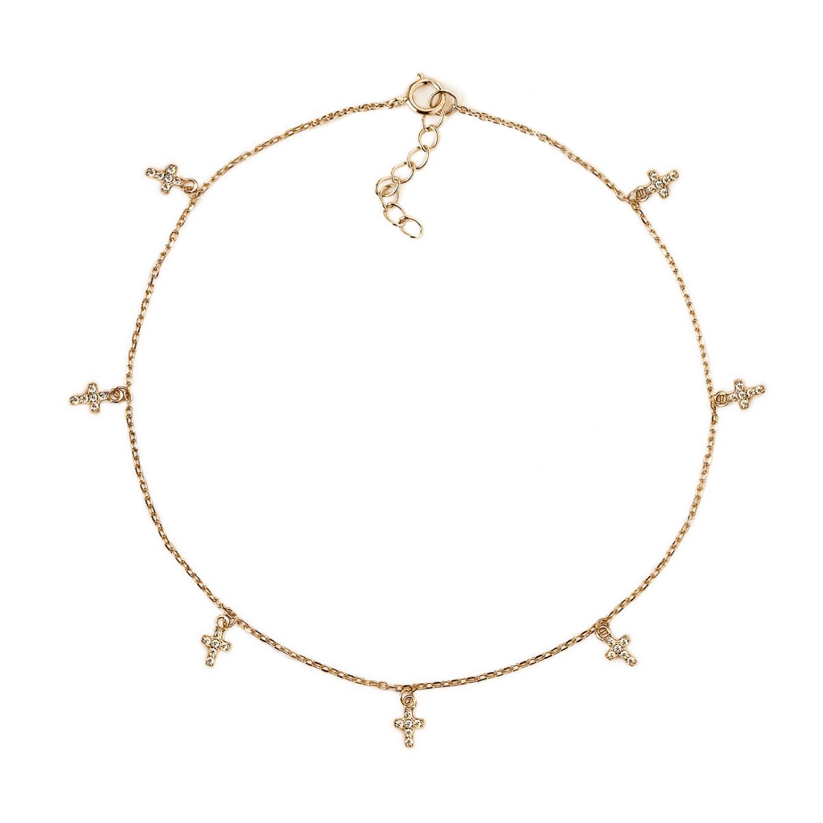 Gold vermeil cross-charm anklet with pavé zirconia crosses and a spring-ring clasp, on a white background