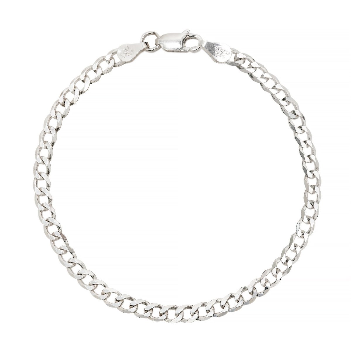 Sterling silver Cuban curb chain bracelet with a lobster clasp, laid flat on a white background