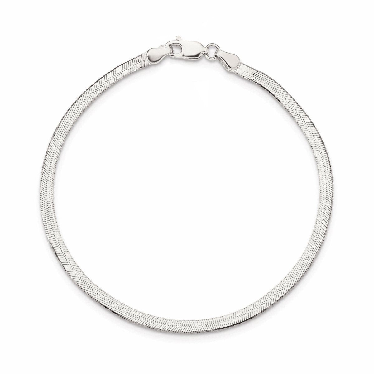 Sterling silver flat herringbone chain bracelet with a lobster clasp, on a white background