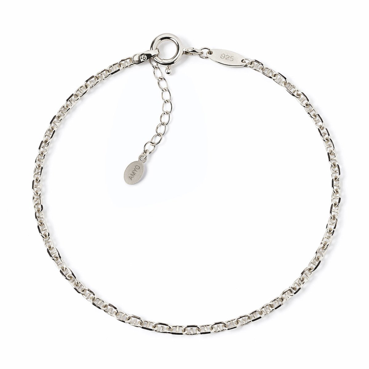 Sterling silver Marina chain bracelet with a spring-ring clasp and extender, on a white background