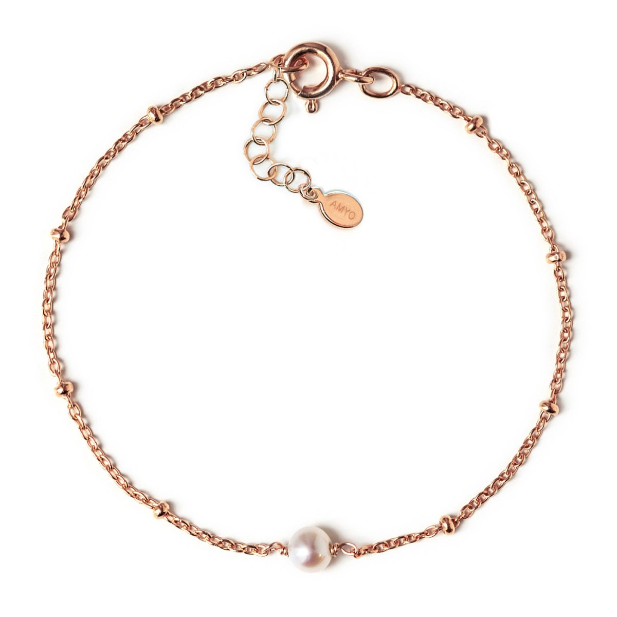 Rose gold vermeil beaded chain bracelet with a single pearl and a spring-ring clasp, on a white background