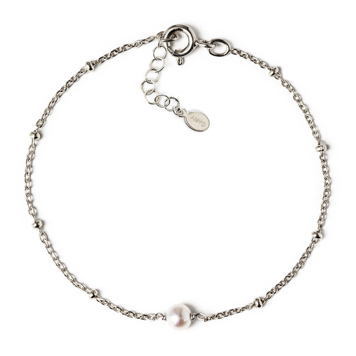 Sterling silver beaded chain bracelet with a single pearl and a spring-ring clasp, on a white background