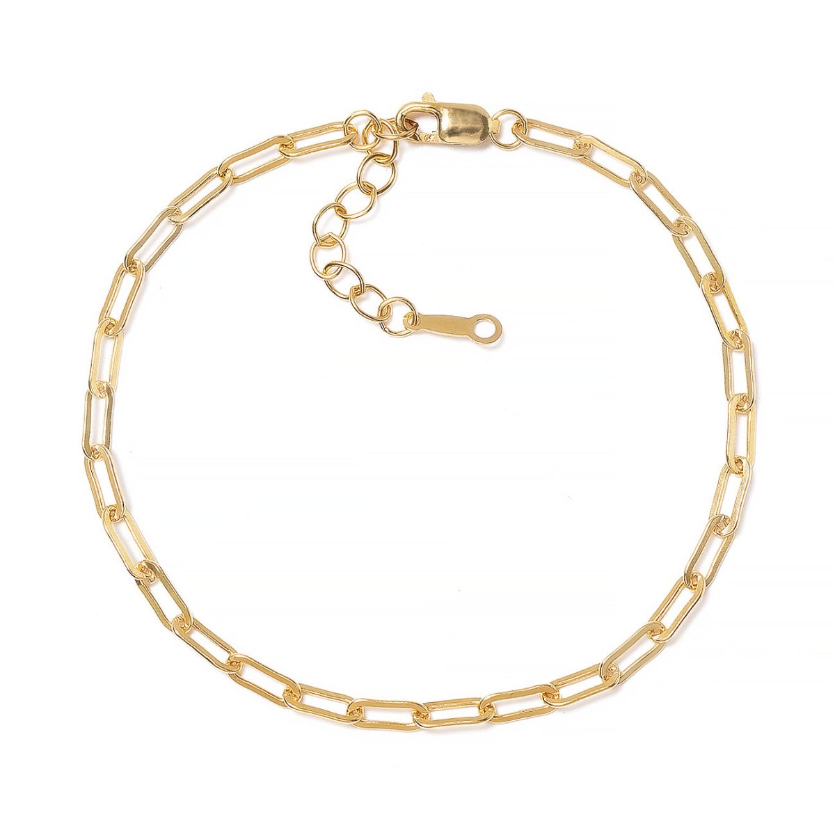 Gold-filled paperclip chain bracelet with a lobster clasp and extender, laid on a white background