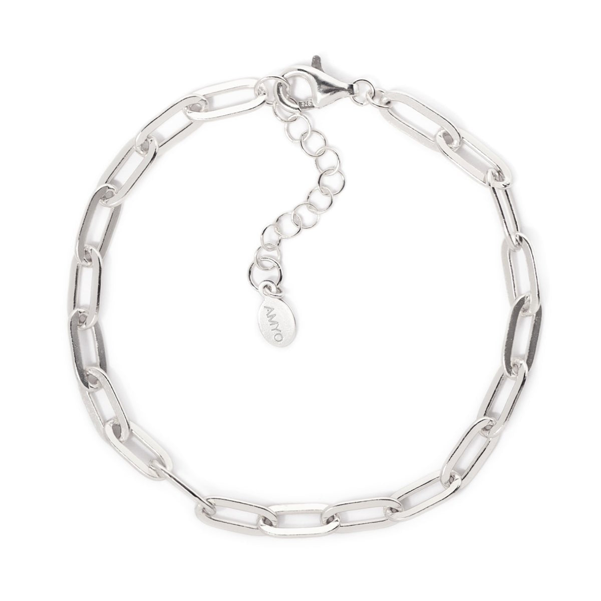 Sterling silver thick paperclip link chain bracelet with a lobster clasp, on a white background