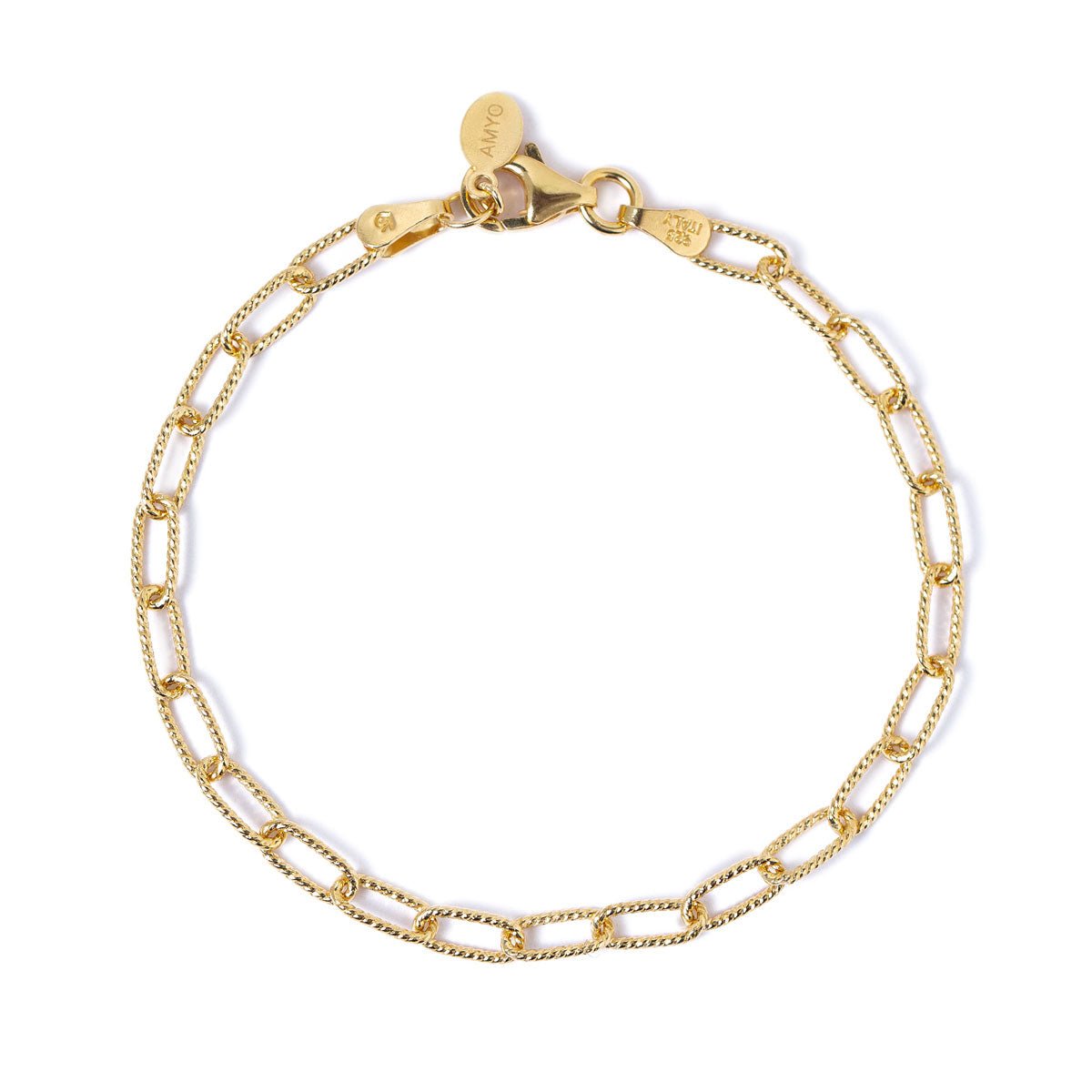 Gold vermeil oval link chain bracelet with textured links and a lobster clasp, on a white background