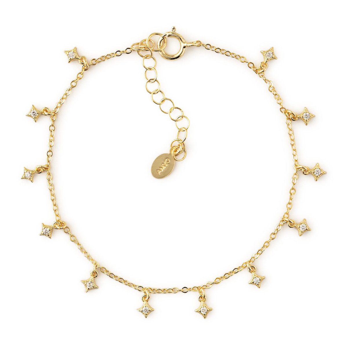 Gold vermeil dangle bracelet with white zirconia star charms and a spring-ring clasp, on a white background