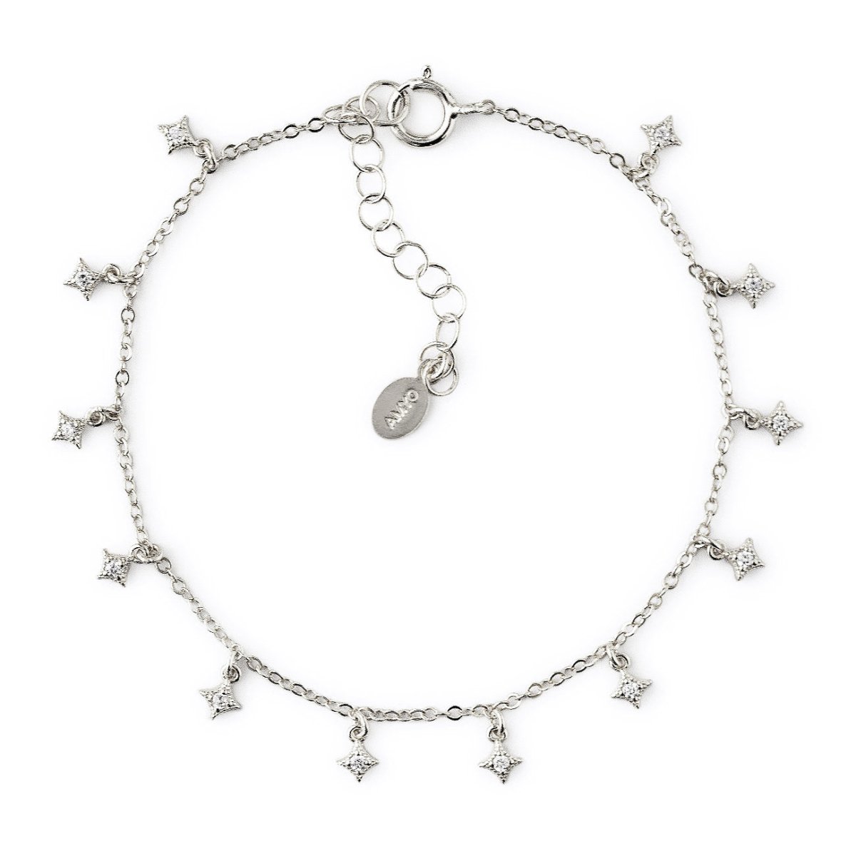 Sterling silver dangle bracelet with white zirconia star charms and a spring-ring clasp, on a white background