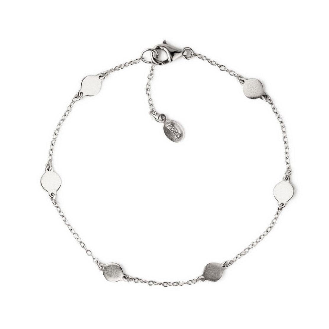 Sterling silver round disc station bracelet with a lobster clasp, laid on a white background
