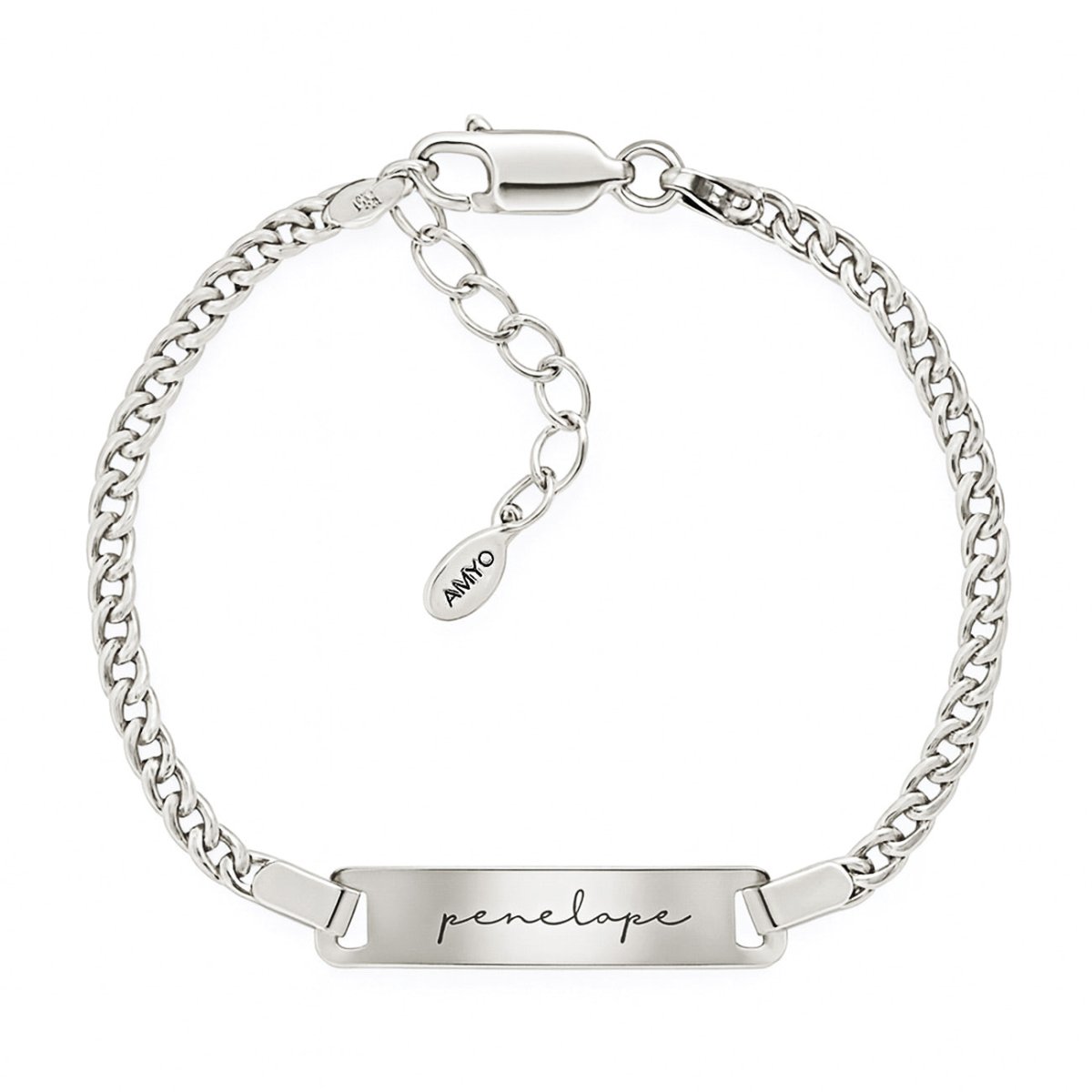 Sterling silver curb chain ID bracelet engraved with a name, with a lobster clasp, on a white background