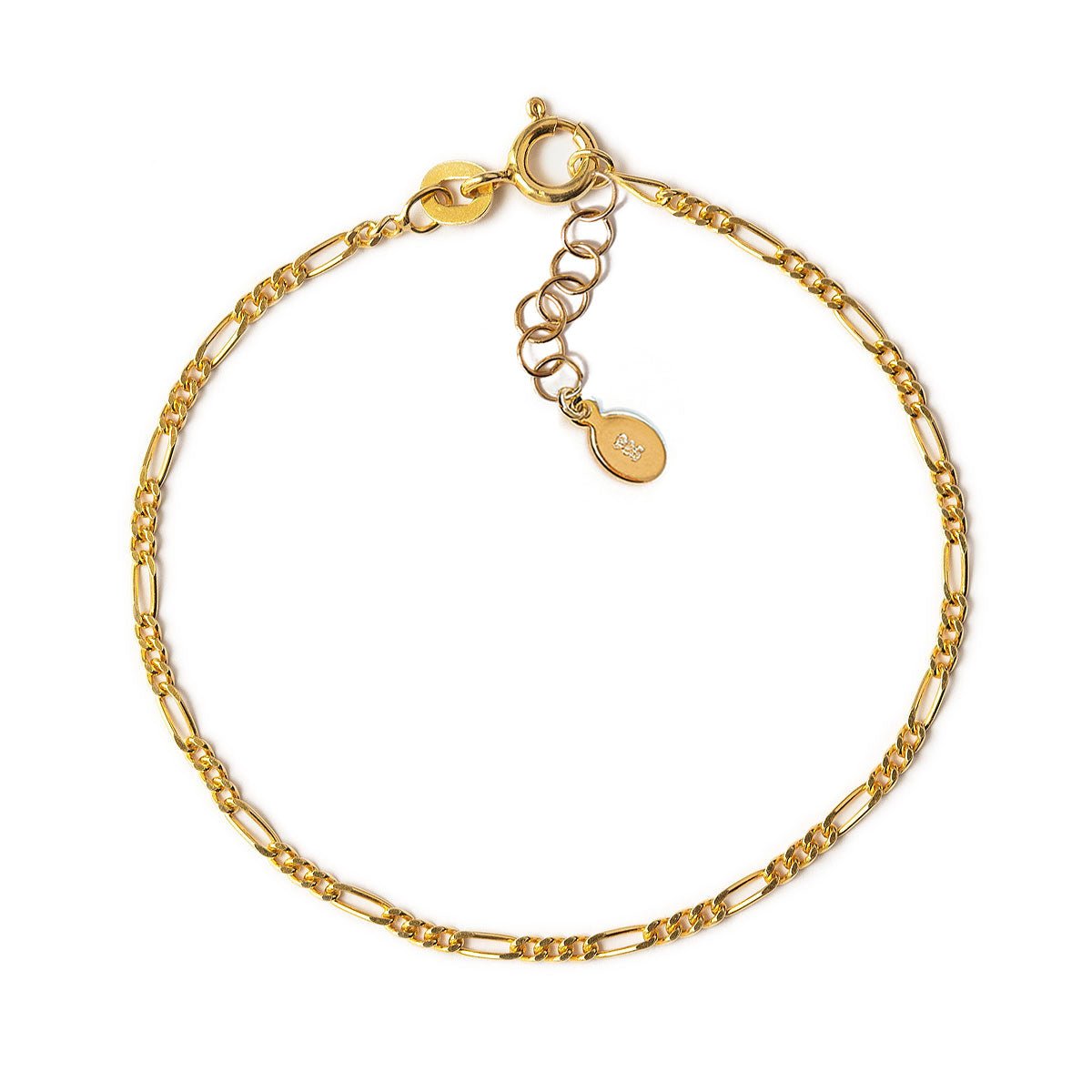 Gold vermeil Figaro chain bracelet with a spring-ring clasp and oval logo tag, on a white background
