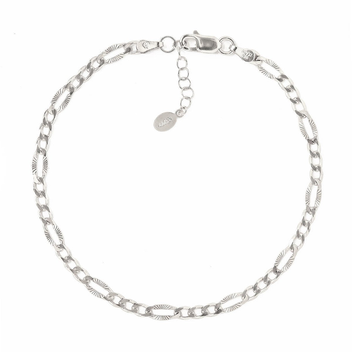 Sterling silver faceted Figaro chain bracelet with a lobster clasp, on a white background
