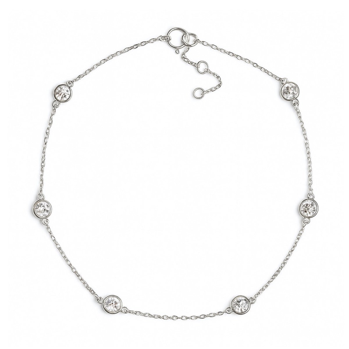 Sterling silver station chain bracelet with round bezel-set white zirconia, on a white background