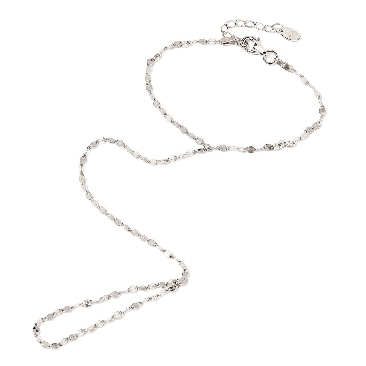 Sterling silver faceted hand chain with delicate flat links, on a white background