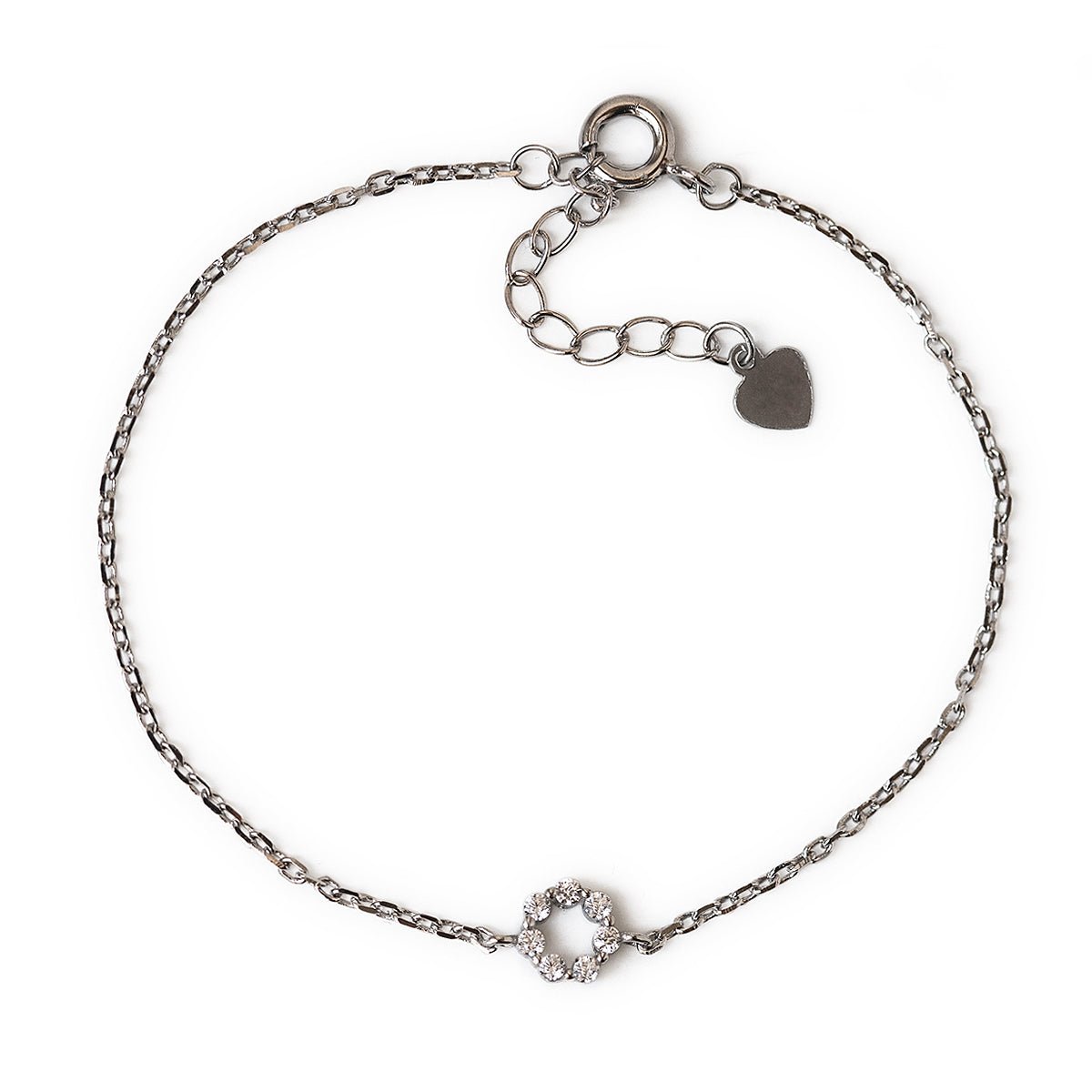 Sterling silver thin chain bracelet with a small zirconia open circle, on a white background