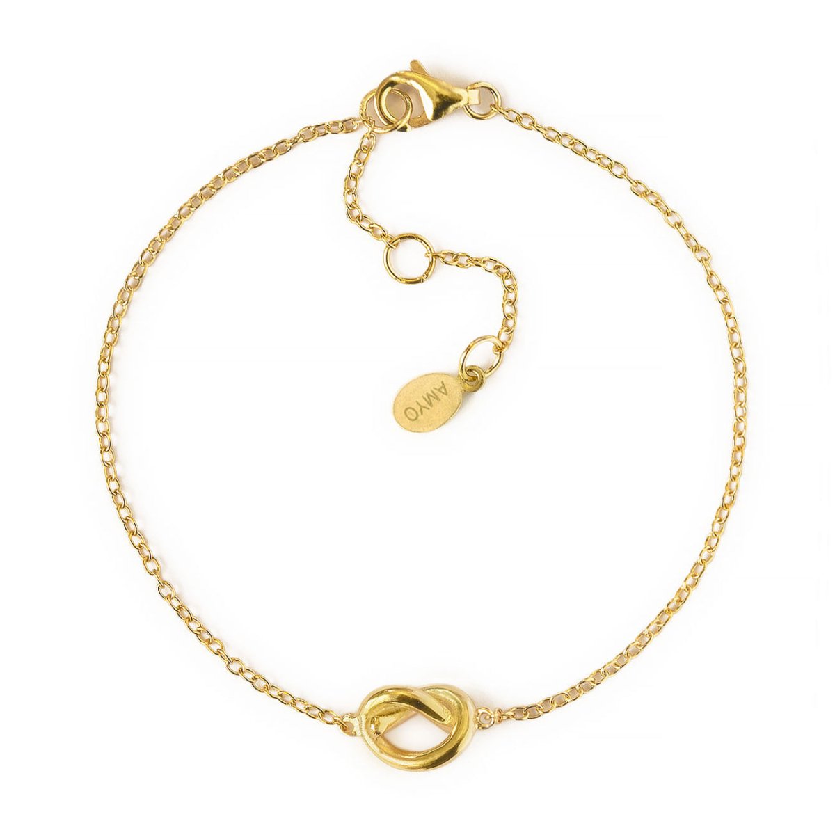 Gold vermeil love knot chain bracelet with a lobster clasp, on a white background