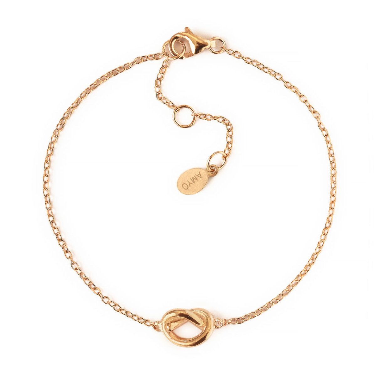 Rose gold vermeil love knot chain bracelet with a lobster clasp, on a white background