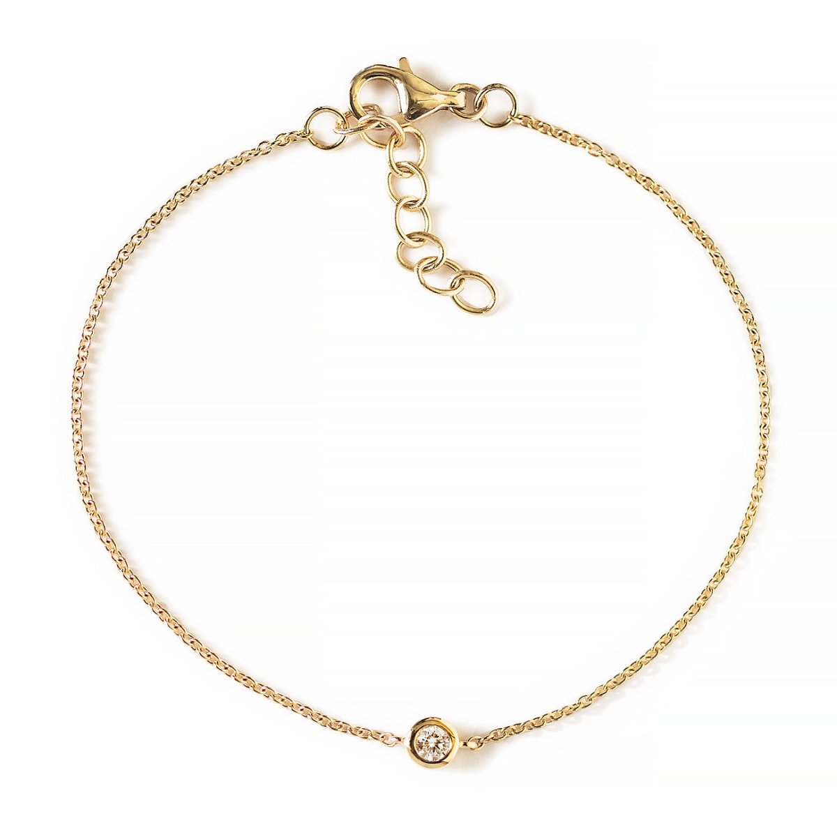 14K gold chain bracelet with a single bezel-set diamond and lobster clasp, on a white background