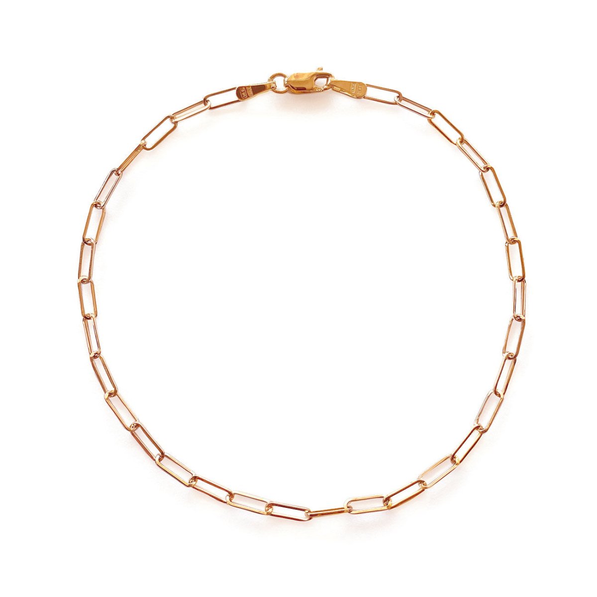 14K rose gold paperclip chain bracelet with a lobster clasp, laid on a white background