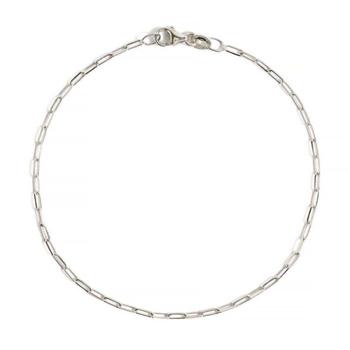 14K white gold thin paperclip chain link bracelet with a lobster clasp, on a white background