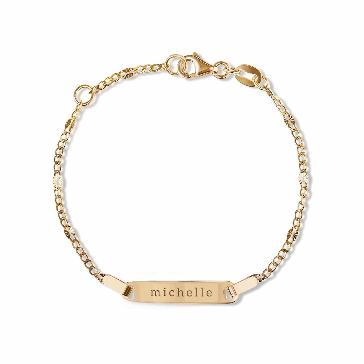 14K gold diamond-cut chain ID bracelet engraved with a name, with a lobster clasp