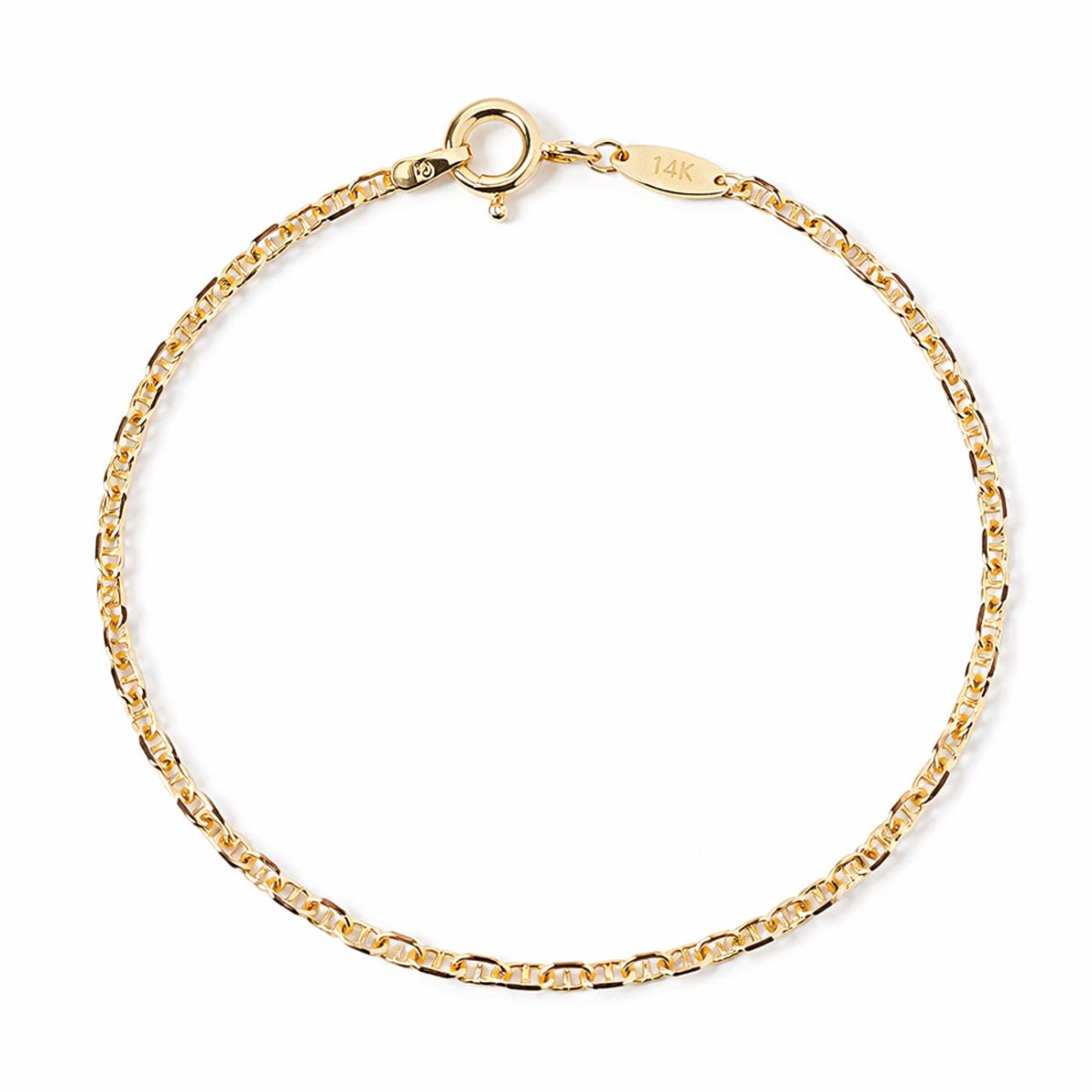 14K gold Marina chain bracelet with a spring-ring clasp, on a white background