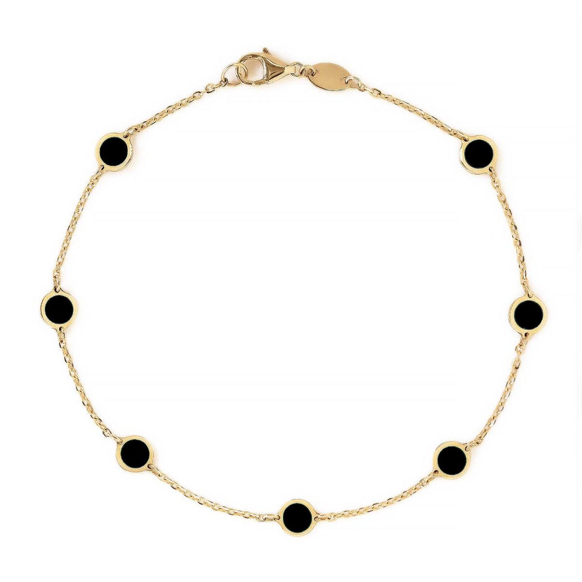 14K gold station chain bracelet with round black onyx discs and a lobster clasp, on a white background