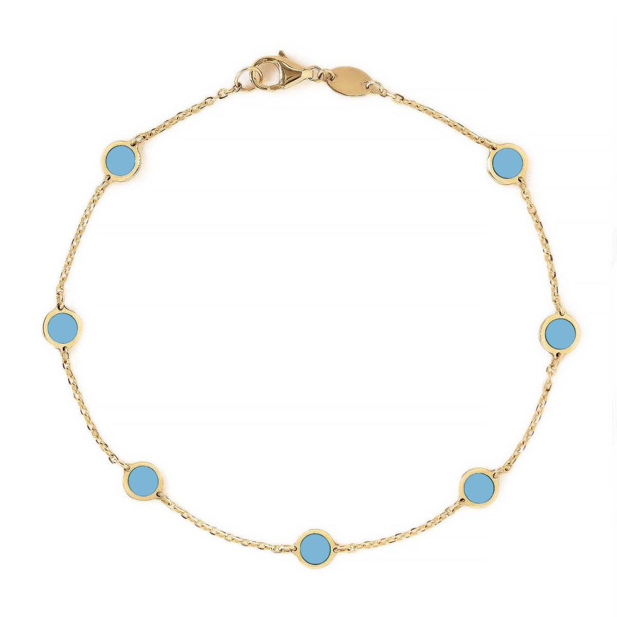 14K gold station chain bracelet with round turquoise discs and a lobster clasp, on a white background