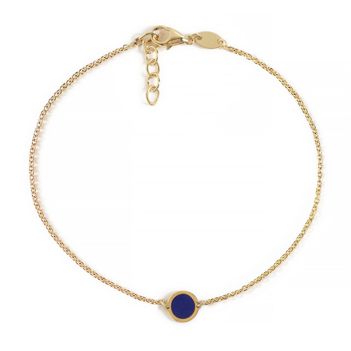 14K gold chain bracelet with a round lapis lazuli disc and lobster clasp, on a white background
