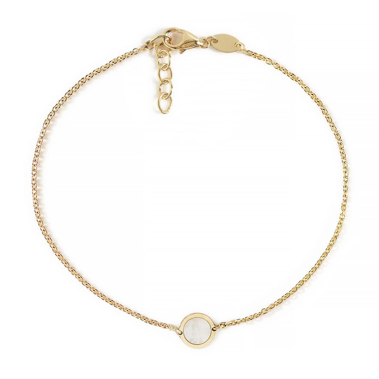 14K gold chain bracelet with a round white mother of pearl disc and lobster clasp, on a white background