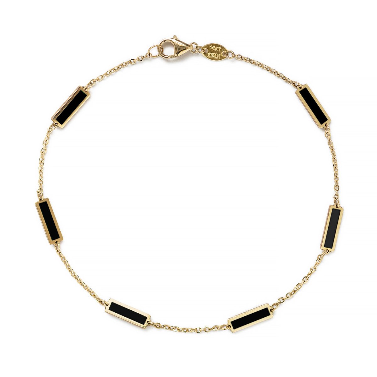 14K gold chain bracelet with black onyx bar stations and a lobster clasp, on a white background