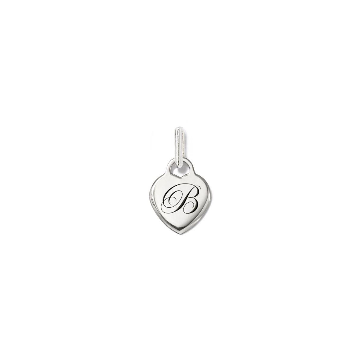 Sterling silver heart charm engraved with an initial, on a white background