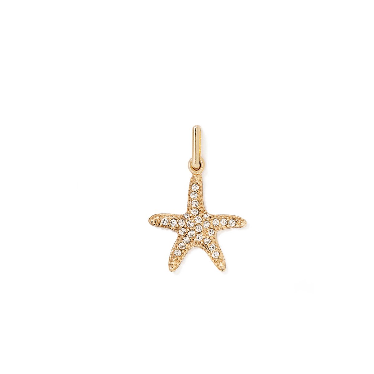 Gold vermeil pavé starfish charm set with white zirconia stones, on a white background