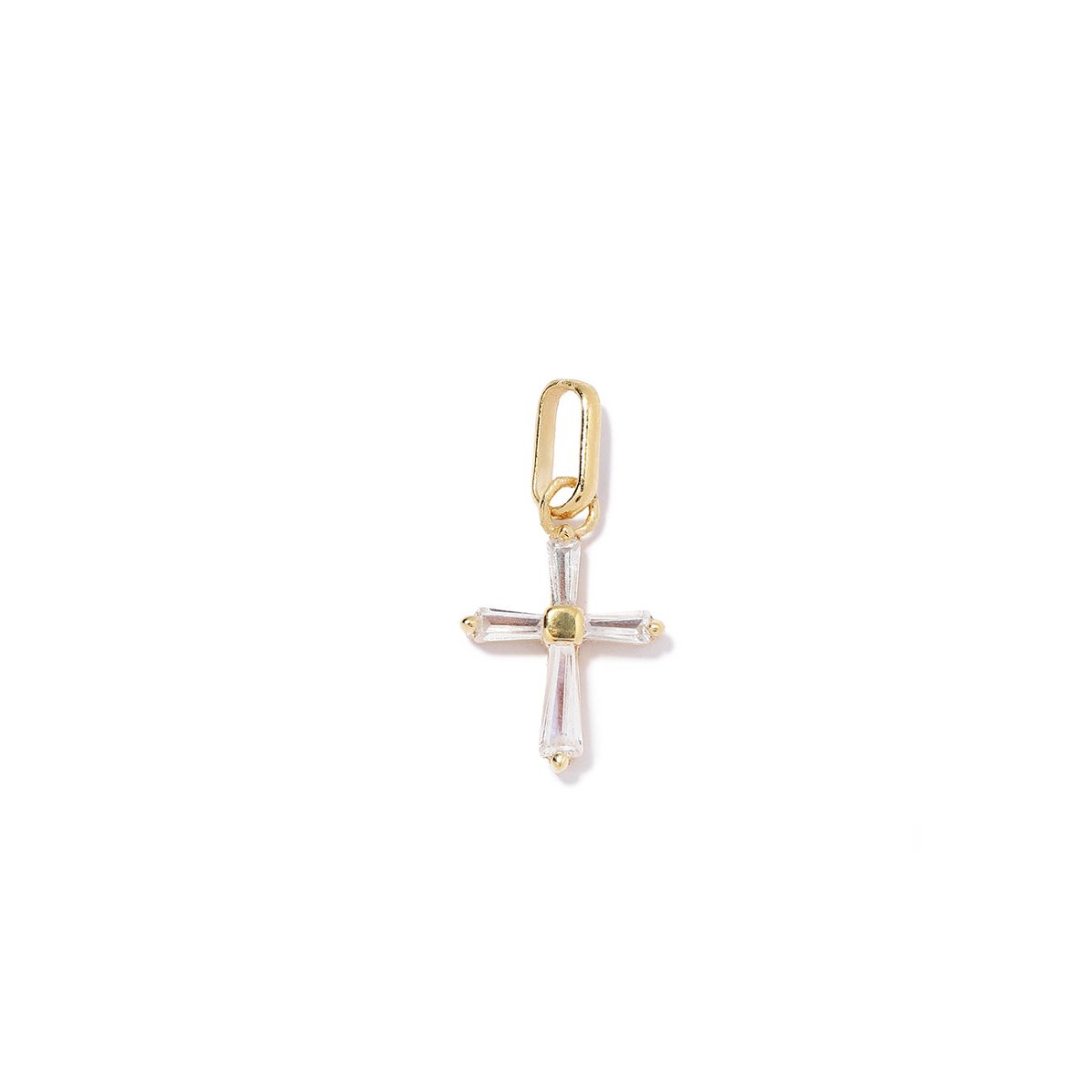 Gold vermeil cross charm pendant set with clear baguette stones, on a white background