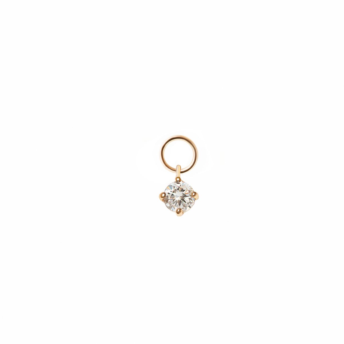 14K gold earring charm with a round clear moissanite in a prong setting, on a white background