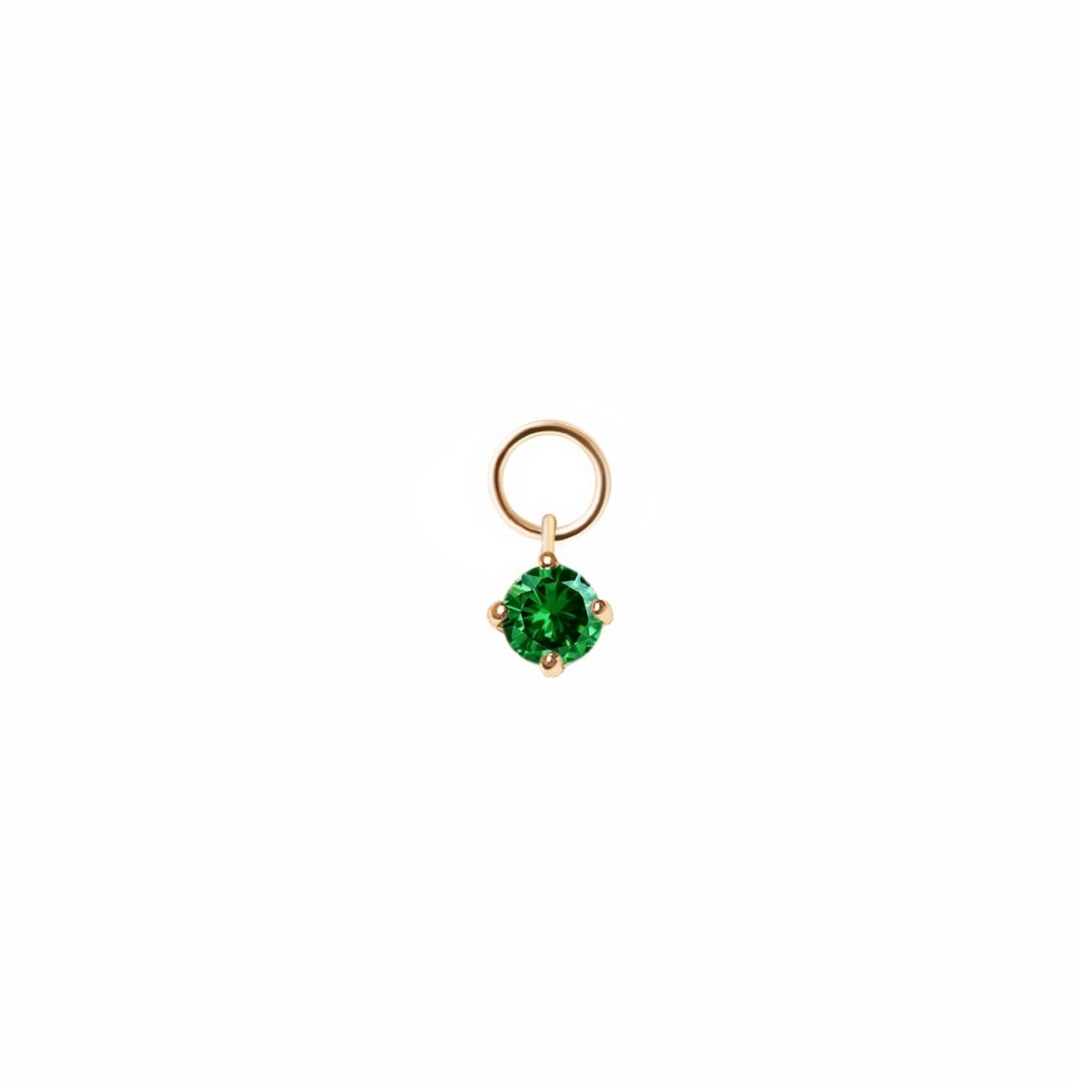 14K gold earring charm with a round green emerald in a prong setting, on a white background